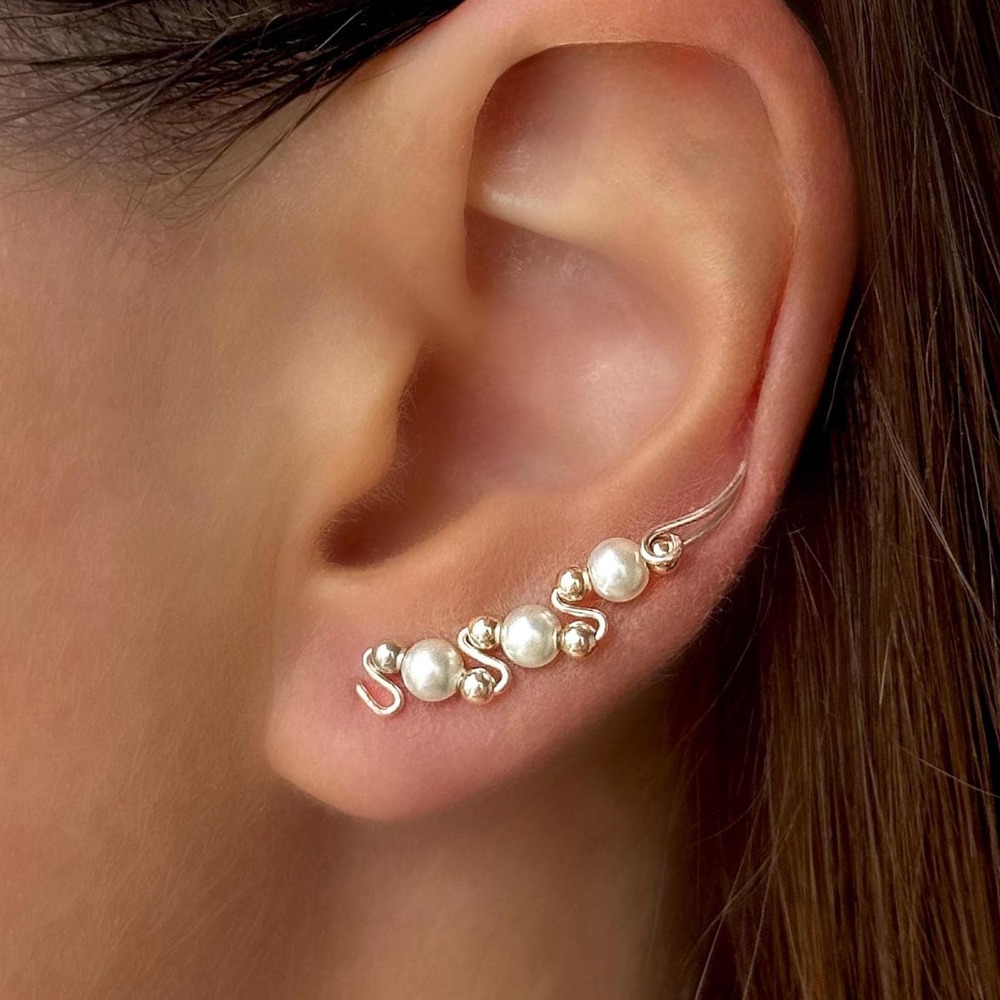 Pearl Vine Ear Climber Earrings – Sterling Silver White Ear Crawlers